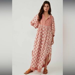 Free People Cream and Dusty Rose Floral Maxi Dress